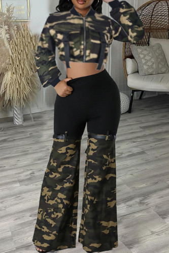 Street Camouflage Print Patchwork O Neck Long Sleeve Two Pieces