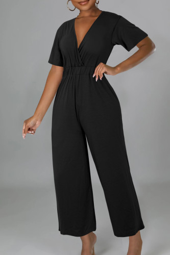 Casual Solid Patchwork V Neck Loose Jumpsuits