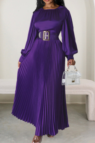 Casual Solid Patchwork Pleated O Neck Long Dress (Without Belt)