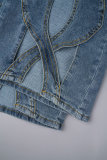 Street Solid Hollowed Out Patchwork Pocket Buttons Zipper High Waist Loose Denim Jeans