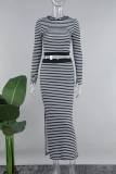 Casual Striped Print Backless O Neck Long Sleeve Two Pieces