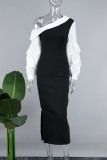 Party Elegant Patchwork Contrast Oblique Collar Long Sleeve Dresses