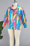 Casual Color Block Patchwork Buckle Turndown Collar Plus Size Tops