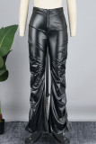 Casual Solid Patchwork Fold Skinny High Waist Conventional Solid Color Trousers