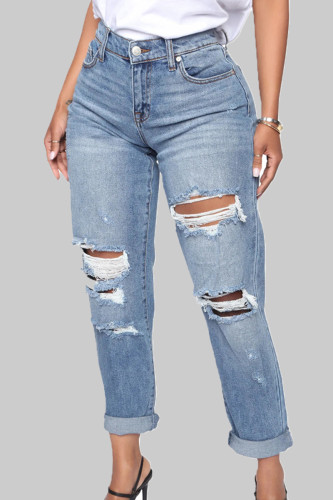 Casual Solid Ripped Patchwork Pocket Buttons Zipper Mid Waist Straight Denim Jeans