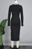 Sexy Casual Solid Hollowed Out Slit V Neck Long Sleeve Dresses