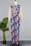 Sweet Print Patchwork Slit O Neck Sleeveless Two Pieces