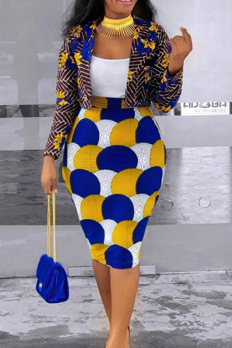 Elegant Print Patchwork Turn-back Collar Long Sleeve Two Pieces