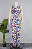 Sweet Print Patchwork Slit O Neck Sleeveless Two Pieces