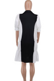 Casual Color Block Patchwork Fold Zipper Turndown Collar Short Sleeve Dress Dresses