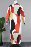 Casual Color Block Patchwork Turndown Collar Printed Dress Plus Size Dresses