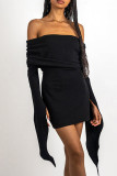 Elegant Solid Patchwork Fold Off the Shoulder Wrapped Skirt Dresses