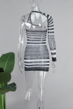 Sexy Striped Print Backless Oblique Collar Irregular Dress Dresses