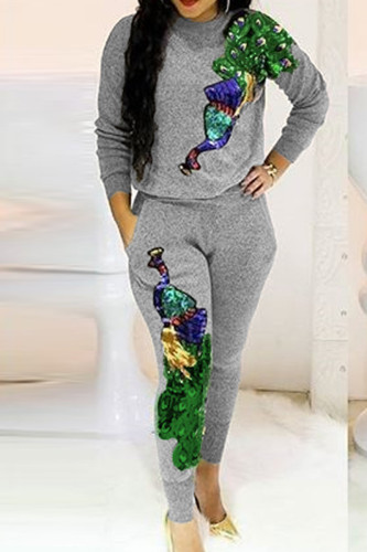 Casual Print Sequins Patchwork Pocket O Neck Long Sleeve Two Pieces