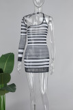 Sexy Striped Print Backless Oblique Collar Irregular Dress Dresses