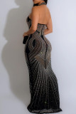 Elegant Hot Drilling Patchwork See-through Halter Long Dress Dresses