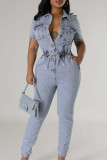 Sweet Solid Patchwork Pocket Frenulum Buckle Turndown Collar Regular Jumpsuits