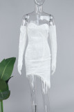 Street Solid Patchwork Feathers Zipper Strapless Wrapped Skirt Dresses（Wear Gloves）