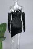 Street Solid Patchwork Feathers Zipper Strapless Wrapped Skirt Dresses（Wear Gloves）