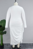 Elegant Solid Patchwork Flounce Slit Fold O Neck Long Sleeve Plus Size Dresses