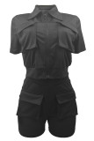 Casual Solid Patchwork Pocket Zipper Turndown Collar Short Sleeve Two Pieces
