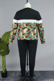 Casual Camouflage Print Patchwork Draw String Pocket O Neck Plus Size Two Pieces