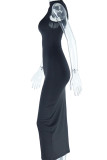 Street Solid Patchwork Fold Asymmetrical Collar Long Dress Dresses