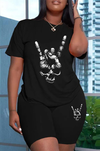 Casual Skull Finger Printing O Neck Plus Size Two Pieces