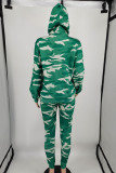 Casual Camouflage Print Patchwork Draw String Pocket Hooded Collar Plus Size Two Pieces