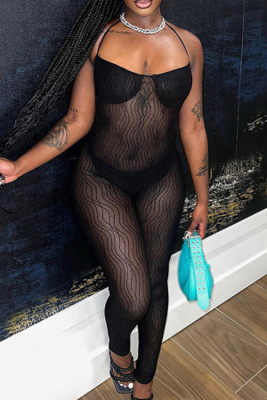 Street Solid Patchwork See-through Halter Skinny Jumpsuits