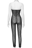 Street Solid Patchwork See-through Halter Skinny Jumpsuits