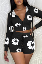 Casual Print Patchwork Zipper Hooded Collar Long Sleeve Two Pieces