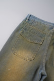 Street College Solid Ripped Make Old Patchwork Pocket Buttons Zipper Low Waist Straight Denim Jeans