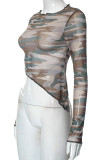 Street Camouflage Print Patchwork See-through O Neck Tops