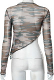 Street Camouflage Print Patchwork See-through O Neck Tops