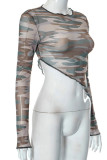 Street Camouflage Print Patchwork See-through O Neck Tops