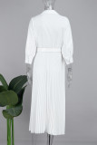 Elegant Solid Patchwork Buttons With Belt Pleated V Neck Long Dress Dresses