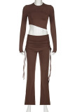 Street Solid Bandage Patchwork Fold O Neck Long Sleeve Two Pieces