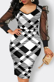 Elegant Print Patchwork Slit Zipper Asymmetrical Collar Pencil Skirt Plus Size Dresses