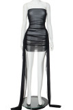 Sexy Solid Patchwork Fold Mesh Strapless Sheath Dresses