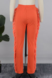 Casual Solid Tassel Patchwork Regular Mid Waist Pencil Solid Color Bottoms