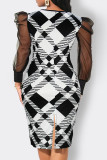 Elegant Print Patchwork Slit Zipper Asymmetrical Collar Pencil Skirt Plus Size Dresses