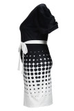 Elegant Print Bandage Patchwork O Neck Pencil Skirt Plus Size Dresses