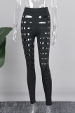 Sexy Solid Hollowed Out Patchwork Skinny High Waist Pencil Solid Color Bottoms