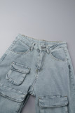 Street Solid Patchwork Pocket Buttons Zipper Straight Low Waist Straight Solid Color Bottoms
