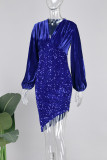 Elegant Solid Sequins Patchwork V Neck Irregular Dress Dresses