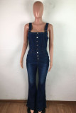 Street Solid Patchwork Pocket Buckle Square Collar Sleeveless Boot Cut Denim Jumpsuits