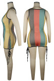 Sexy Color Block Hollowed Out Patchwork Draw String U Neck Sheath Dresses