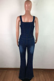 Street Solid Patchwork Pocket Buckle Square Collar Sleeveless Boot Cut Denim Jumpsuits