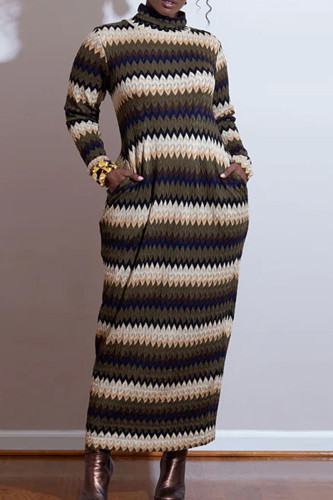 Casual Color Block Patchwork Pocket Contrast Half A Turtleneck Long Dress Dresses